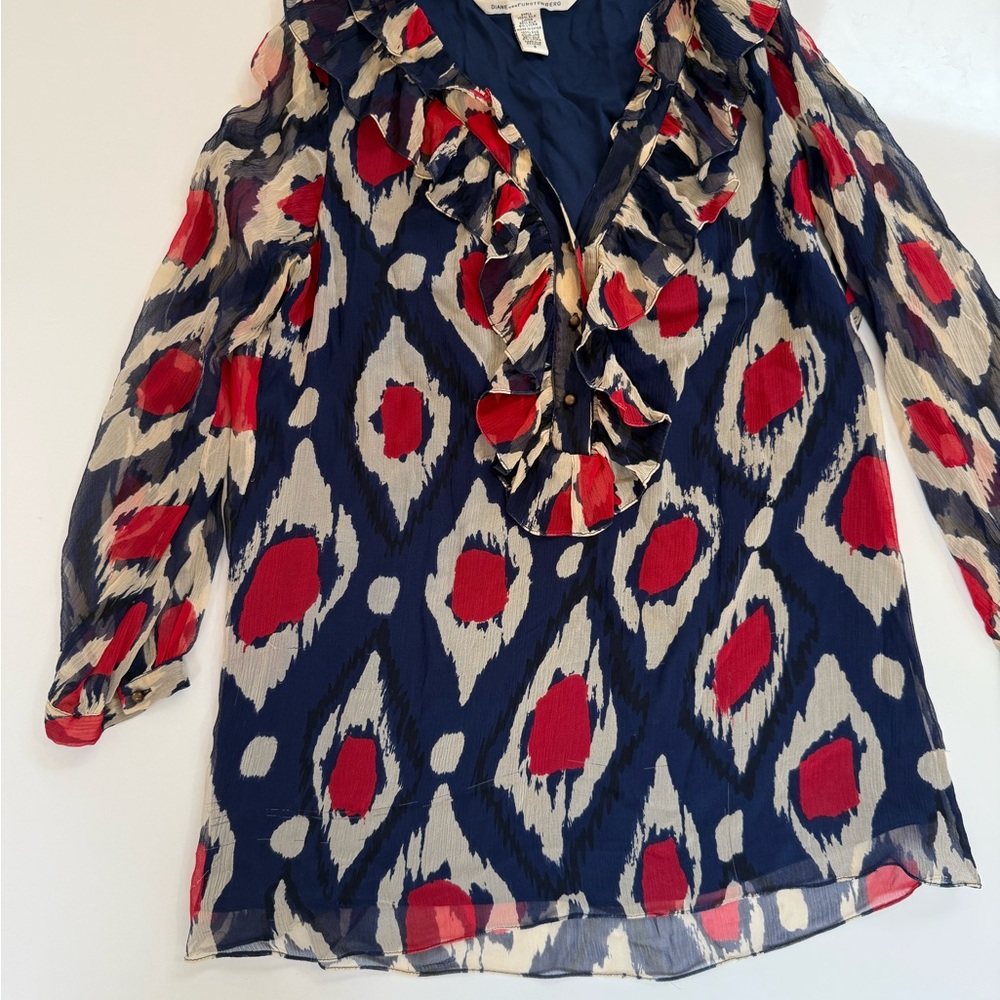 Diane Von Furstenberg Navy and Red Ruffled Blouse